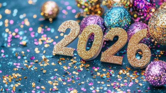 Rose gold glitter numbers 2026 standing on snow with golden confetti falling, sparkling bokeh lights and party decor