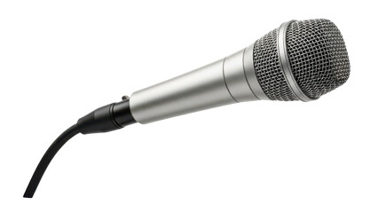 Silver microphone with black cable on a white background, angled view.