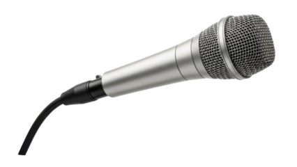 Silver microphone with black cable on a white background, angled view.