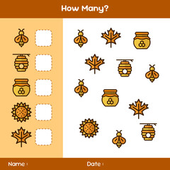 Count how many objects. Counting game with flowers, leaves, and bees. Educational mathematical game. Counting game for children. Kids activity sheet. Template for how many