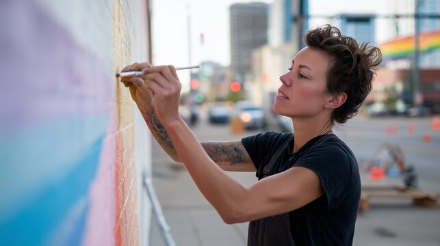 Mural artist painting a colorful mural in an urban setting during the afternoon