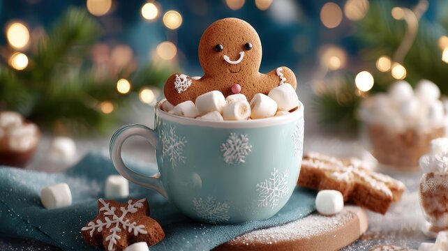 Gingerbread man cookie bathing in hot chocolate with marshmallows and candy canes for winter holiday cheer