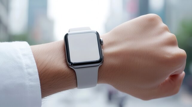 Person wearing smartwatch with blank screen, tracking health or fitness activities, checking notifications and time
