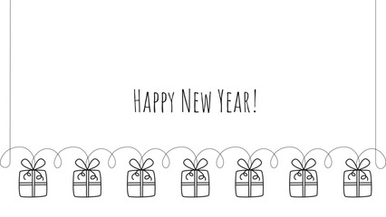 Happy New Year banner. Simple minimalist greeting template with gifts and text. Cute holiday card mockup in doodle sketch style. Vector graphics