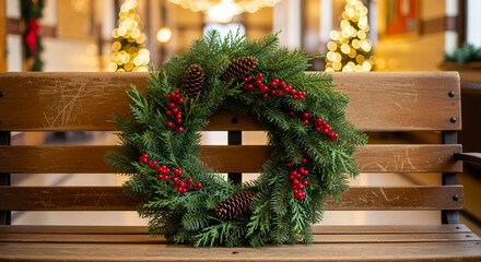 Christmas wreath with red berries and pine cones on wooden bench