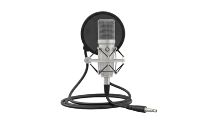 Silver microphone with pop filter and cable on white background.