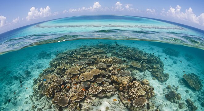 広角レンズで捉えた透き通るような海中と広がる青い海面が一体となる絶景のオーバーアンダーショット 太陽光が降り注ぐ活気ある珊瑚礁. AI Generated