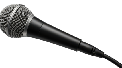 A black microphone with a metal mesh head and a cable attached to the base.