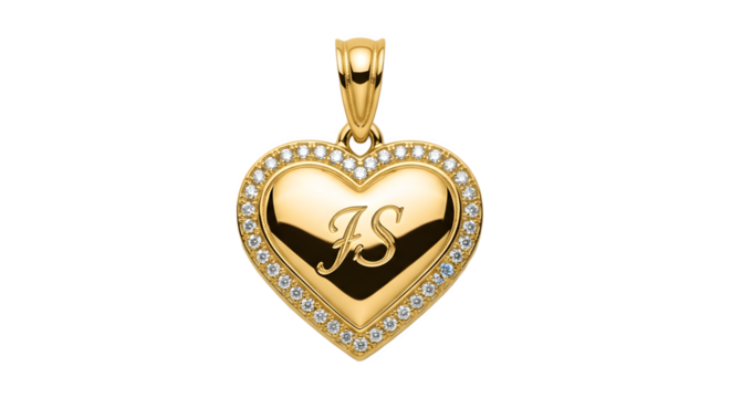 Elegant Gold Heart Pendant with Diamond Accents and Engraved Initials.