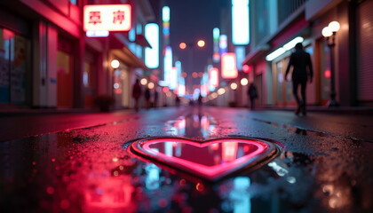 Neon Heart Reflection on Wet Street at Night