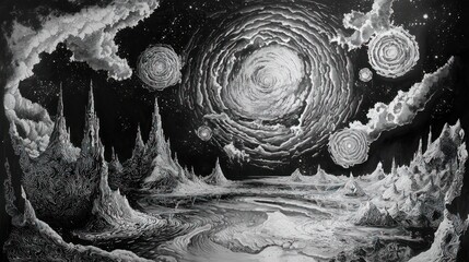 Surreal Landscape with Celestial Spheres and Jagged Peaks in Black and White.
