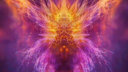 Fiber glow macro long exposure captures radiating light trails symmetrical composition central burst glowing filaments purple gold orange emanating outward