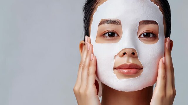Woman applying a facial sheet mask in skincare routine with relaxed expression