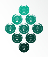 Step by step creative infographic template with 9 options, parts or processes.