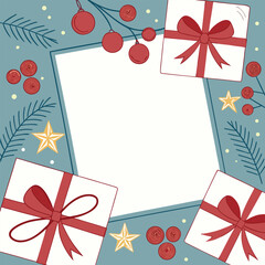 Christmas and Holiday Border Frame Template with Three Gifts, Red Ornaments, and Pine Branches