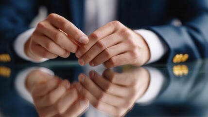 Close up of professional man hands in suit clasping on glass table, reflecting tension, waiting, or thought