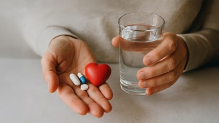 Hands holding assorted pills and a red heart with a glass of water. Concept of cardiovascular care, medication, treatment, and prevention.