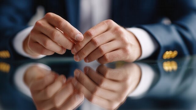 Close up of professional man hands in suit clasping on glass table, reflecting tension, waiting, or thought