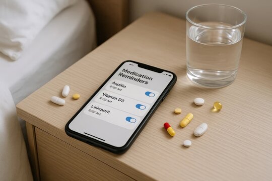 Smartphone with medication reminder app on nightstand beside assorted pills and a glass of water, illustrating adherence and morning routine for healthcare management.