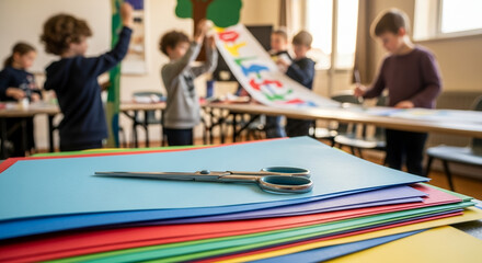 Children crafting with scissors and colorful paper in classroom  