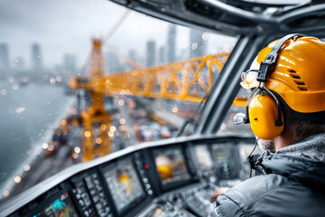 Construction worker operating crane with yellow helmet in urban environment during rainy weather