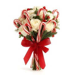 Festive bouquet of white roses and candy canes isolated on white background