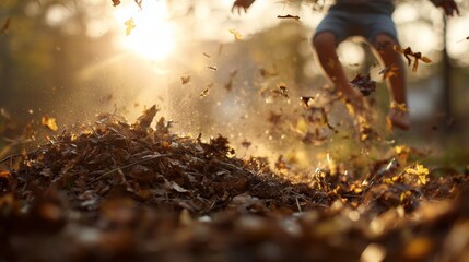 Child joyfully jumps into a pile of autumn leaves during sunset in a park