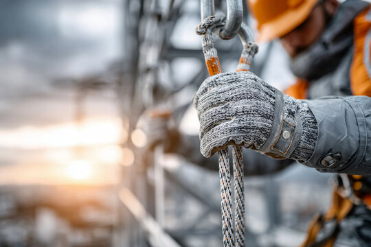 Construction worker gripping safety harness while working at height during sunset with dramatic sky