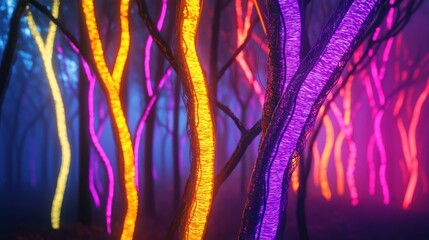 Enchanted Forest - Trees Illuminated with Vibrant Neon Lights.