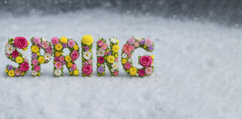 Flower Letters Forming Spring on Snowy Background