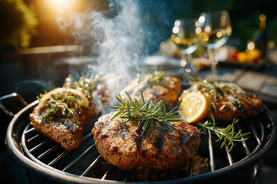 Grilled steaks with herbs and lemon on barbecue grill, showcasing summer outdoor dining experience