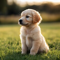 Golden retriever puppy posing in field high resolution picture