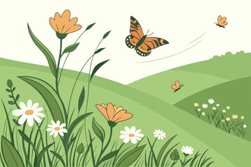 Flat spring floral vector background with butterflies and flowers greenery