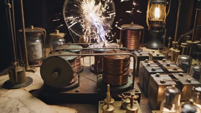 vintage electrical science experiment setup with copper coils and bright sparks flying between electrodes on a wooden table.
