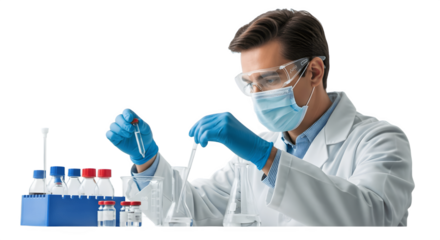 Male scientist in protective gear conducting a laboratory experiment.