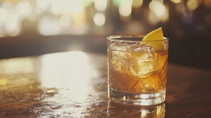 Refreshing Old Fashioned Cocktail with Ice and Orange Peel Garnish.
