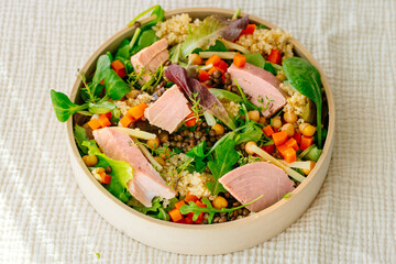 Bowl of salad with tuna steak
