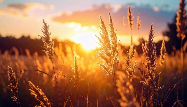 Close-up of tall grass in a field, backlit by a vibrant sunset, creating a warm and peaceful atmosphere.