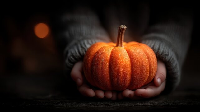 Collaborative strategy meeting symbolism through glowing Halloween pumpkin held in child hands with warm illumination against dark background in macro photography