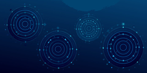 Abstract dark blue background with concentric circles and connected dots © Asit