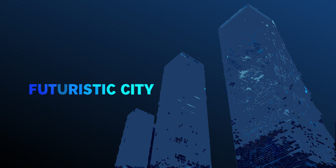 Abstract futuristic cityscape with tall buildings and dark blue background © Asit