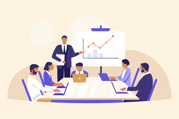 Business presentation with diverse team at the conference table with laptops