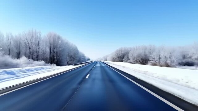 A snow-covered highway stretches ahead, bordered by frosted trees under a clear, bright blue sky