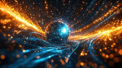 Particle collision visualization with luminous energy sphere radiating dramatic blue and orange plasma trails through quantum field space with dynamic light burst effects