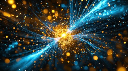 Particle decay pathways quantum mechanics visualization with radiating electric blue and golden energy trails emanating from central interaction point showing subatomic dynamics