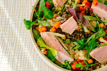 Bowl of salad with tuna steak