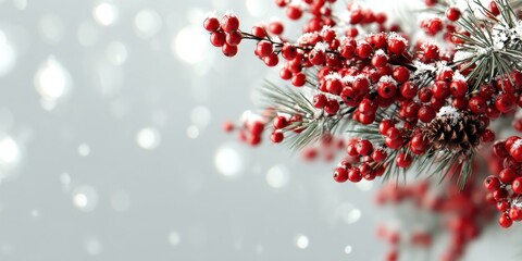 Red berries on pine branch with snow create festive winter scene