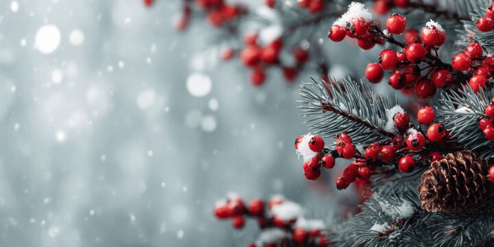 Snowy holiday scene with red berries, pine branches, and a pine cone