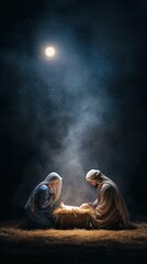 Obraz premium Nativity scene at night with Mary and Joseph beside the baby in a manger under moonlight