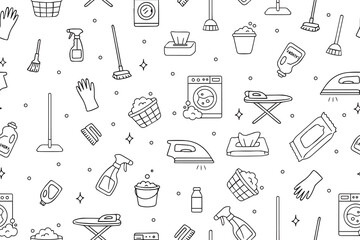 Seamless vector pattern featuring black and white illustrations of cleaning tools like mops